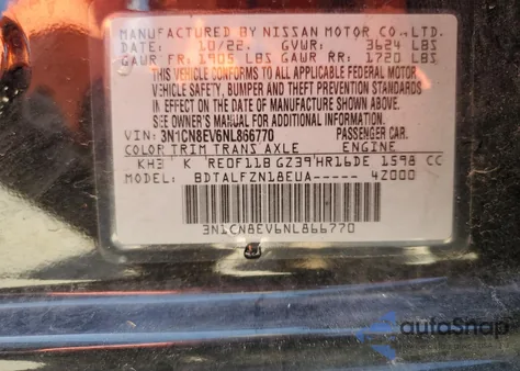 2022 Nissan Versa Sv z USA, uszkodzony, nr VIN 3N1CN8EV6NL866770